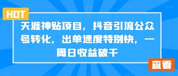 天涯神贴项目,抖音引流公众号转化,出单速度特别快,一周日收益破千-九才资源网