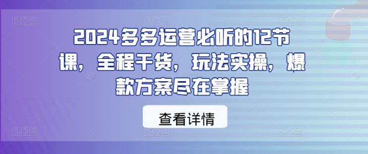 2024多多运营必听的12节课,全程干货,玩法实操,爆款方案尽在掌握-九才资源网