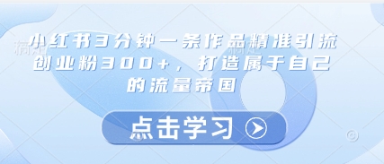小红书3分钟一条作品精准引流创业粉300+,打造属于自己的流量帝国-九才资源网
