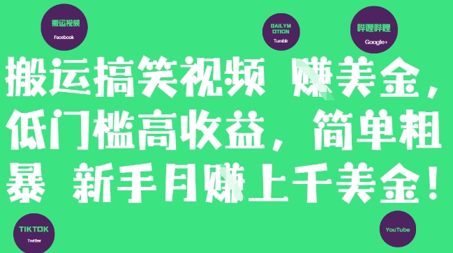 搬运搞笑视频挣美金,低门槛高收益,简单粗暴新手月入上千美刀-九才资源网