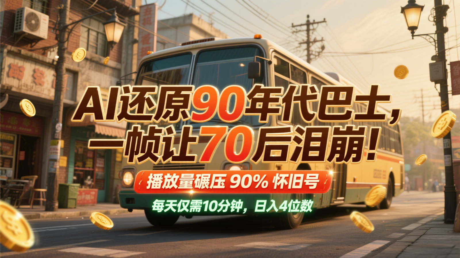 AI还原90年代巴士,一帧让70后泪崩!播放量碾压90%怀旧号,每天10分钟,日入4位数-九才资源网