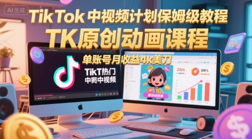 TikTok中视频计划保姆级教程,TK原创动画课程,单账号月收益4k美刀-九才资源网