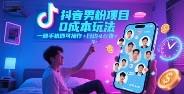 抖音男粉项目0成本玩法,一部手机即可操作,日均4张+,时间自由-九才资源网