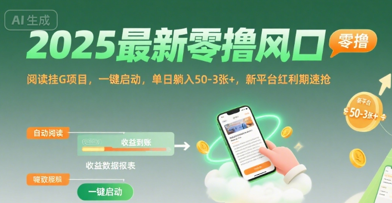 2025最新零撸风口,阅读挂G项目,一键启动,单日躺入 50-3张+,新平台红利期速抢【揭秘】-九才资源网