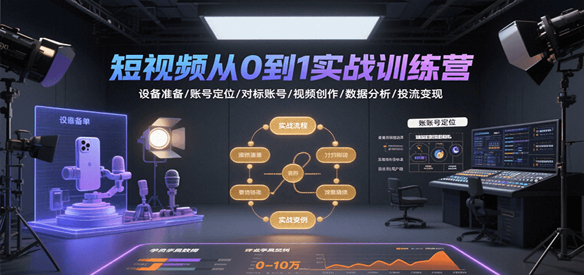 短视频从0到1实战训练营:设备准备/账号定位/对标账号/视频创作/数据分析/投流变现-九才资源网
