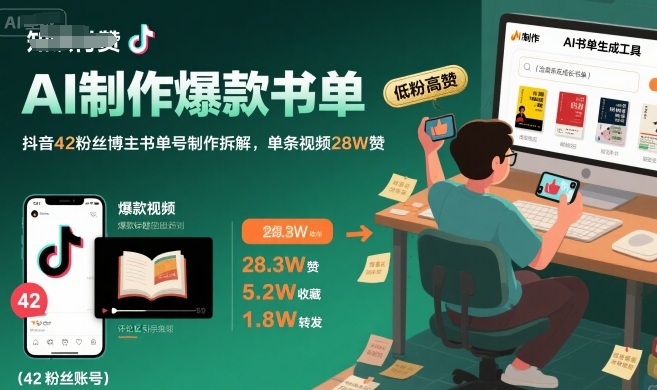 AI制作爆款书单,抖音42粉丝博主书单号制作拆解,单条视频28W赞-九才资源网