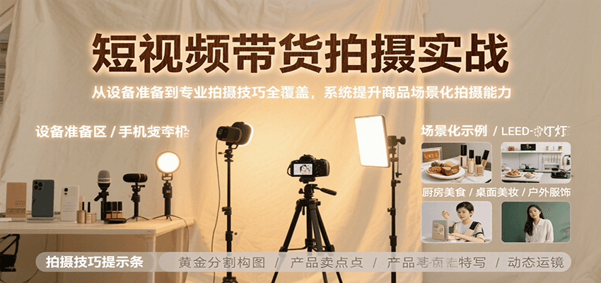 短视频带货拍摄实战,从设备准备到专业拍摄技巧全覆盖,系统提升商品场景化拍摄能力-九才资源网