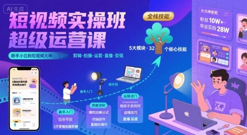 短视频实操班超级运营课,新手小白到短视频大神必修课程,剪辑-拍摄-运营-直播-变现-九才资源网