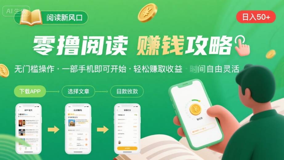 零撸阅读新风口,无门槛轻松挣,一部手机,日入 50-3张【揭秘】-九才资源网