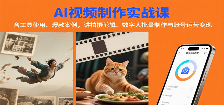 AI视频制作实战:含工具使用、爆款案例,讲拍摄剪辑、数字人批量制作与账号运营变现-九才资源网