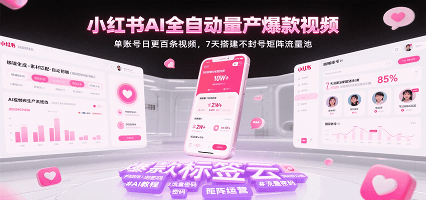 小红书AI全自动量产爆款视频,单账号日更百条视频,7天搭建不封号矩阵流量池(更新)-九才资源网