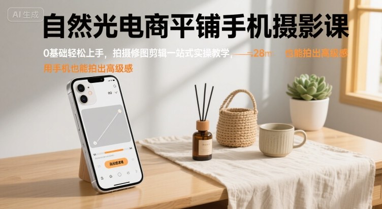 自然光电商平铺手机摄影课,0基础轻松上手,拍摄修图剪辑一站式实操教学,用手机也能拍出高级感-九才资源网