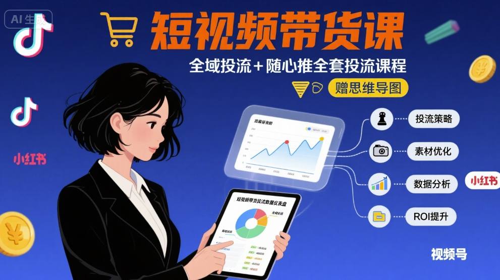 最新短视频带货课,全域投流+随心推全套投流课程+思维导图-九才资源网
