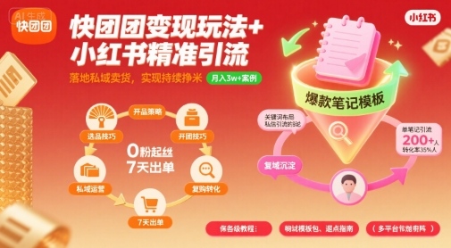 快团团变现玩法+小红书精准引流技巧,助你真正落地私域卖货,实现持续挣米-九才资源网