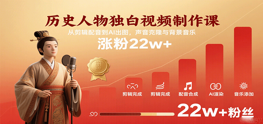 历史人物独白视频制作课,从剪辑配音到AI出图,声音克隆与背景音乐,涨粉22w+-九才资源网