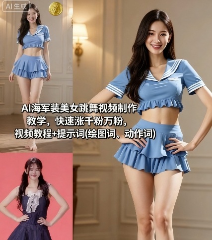 AI海军装美女跳舞视频制作教学,快速涨千粉万粉,视频教程+提示词(绘图词、动作词)-九才资源网