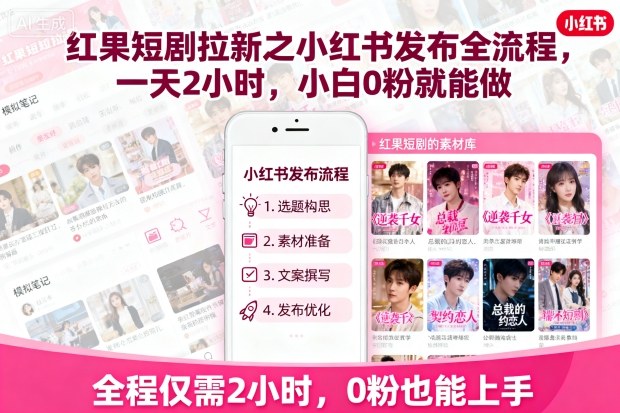 红果短剧拉新之小红书发布全流程,一天2小时,小白0粉就能做-九才资源网