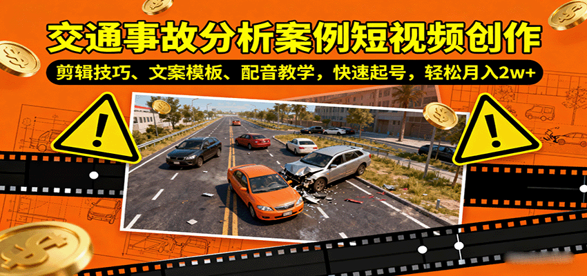 交通事故分析案例短视频创作,剪辑技巧、文案模板、配音教学,快速起号,轻松月入2w+-九才资源网