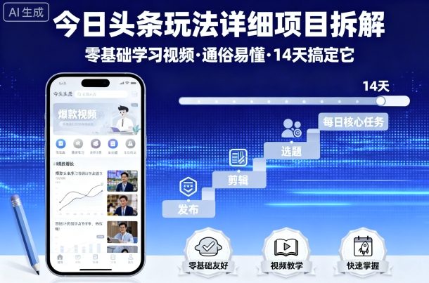 今日头条玩法详细项目拆解,零基础学习视频 通俗易懂 14天搞定它-九才资源网