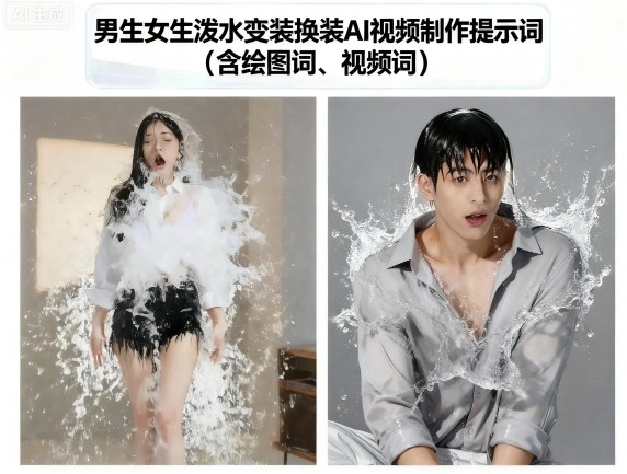 男生女生泼水变装换装AI视频制作提示词(含绘图词、视频词)-九才资源网