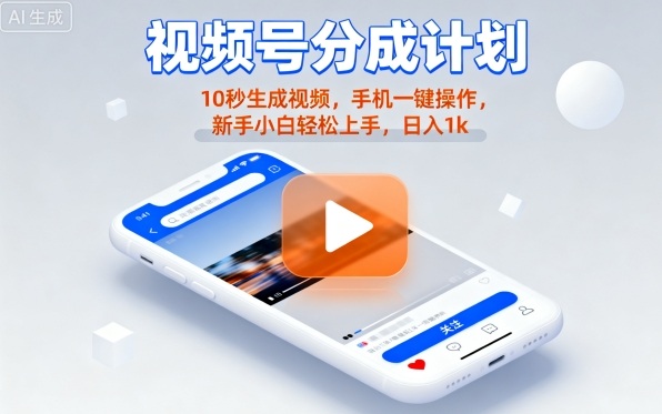 视频号分成计划懒人玩法,10秒生成视频,手机一键操作,新手小白轻松上手,日入1K【揭秘】-九才资源网