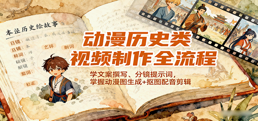 动漫历史类视频制作全流程,学文案撰写、分镜提示词,掌握动漫图生成+抠图配音剪辑-九才资源网