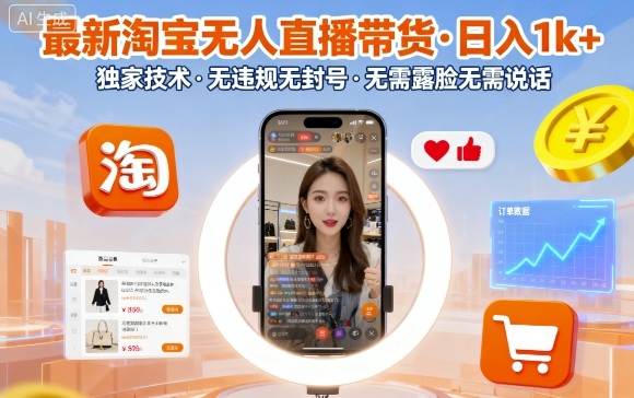 最新淘宝无人直播带货,日入1k+,独家技术,无违规无封号,无需露脸无需说话【揭秘】-九才资源网