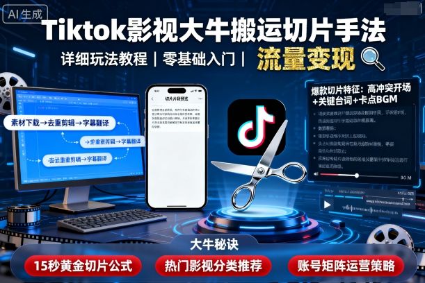 Tiktok影视大牛搬运切片手法,详细玩法教程-九才资源网