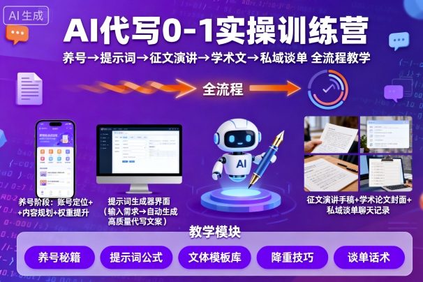 AI代写0-1实操训练营,从养号、提示词、征文演讲、学术文,到私域谈单的全流程教学-九才资源网