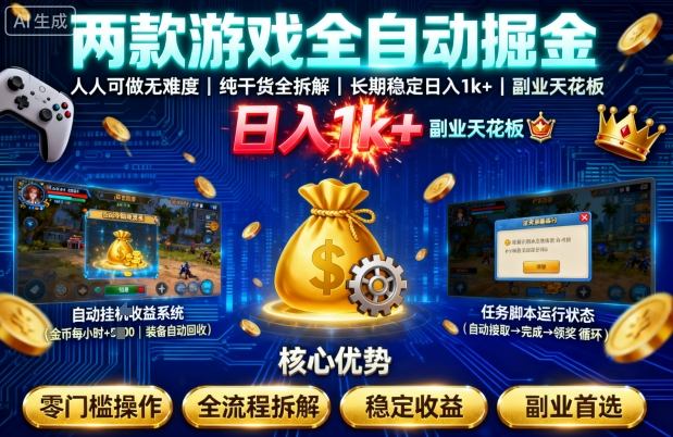 两款游戏全自动掘金,人人可做无难度,纯干货全拆解,长期稳定,日入1k+,副业天花板【揭秘】-九才资源网