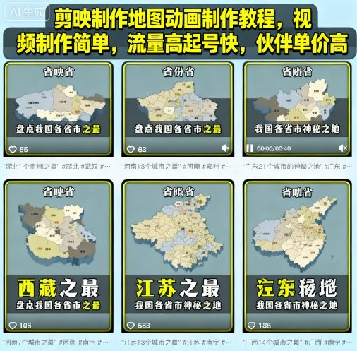 剪映制作地图动画制作教程,视频制作简单,流量高起号快,伙伴单价高-九才资源网