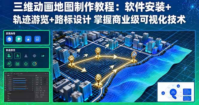 (16096期)三维动画地图制作教程:软件安装+轨迹游览+路标设计 掌握商业级可视化技术-九才资源网