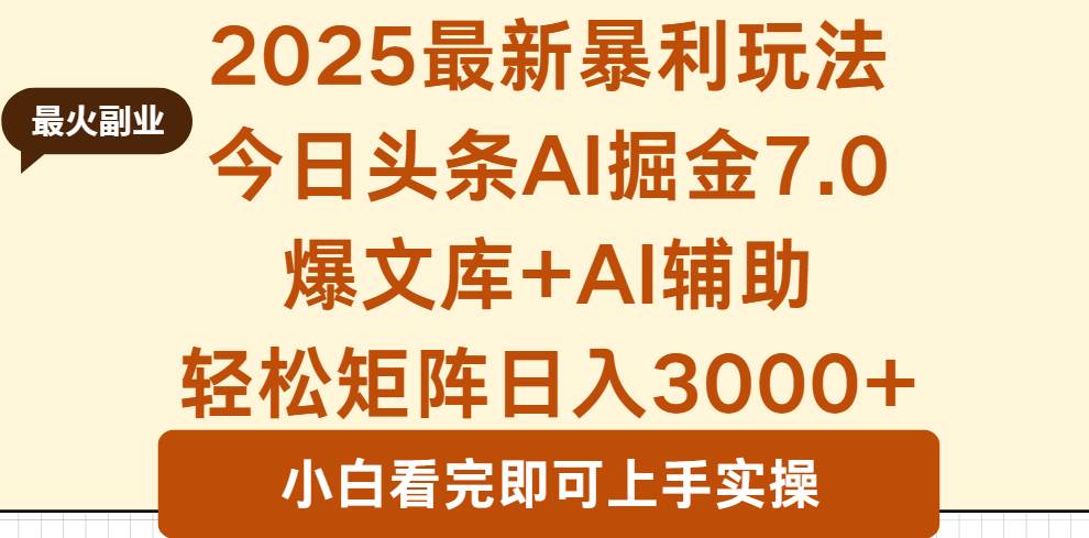(16113期)2025年今日头条最新暴利玩法7.0,一键生成爆款,轻松实现矩阵日入3000+-九才资源网