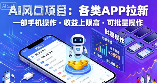 AI风口项目,各类APP拉新,一部手机就可以操作,收益上限高,可批量操作-九才资源网