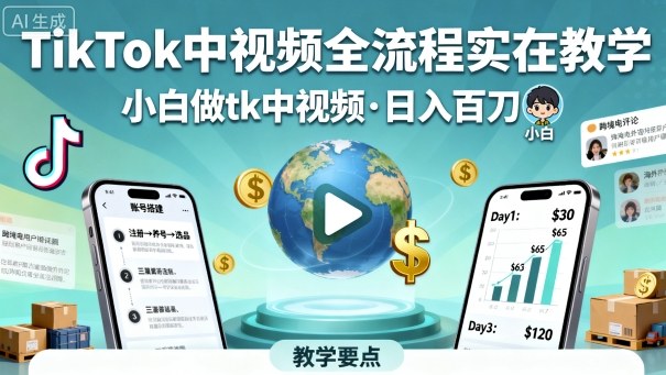 TikTok中视频全流程实操教学,小白做tk中视频,日入百刀-九才资源网