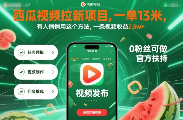 西瓜视频拉新项目,一单13米,有人悄悄用这个方法,一条视频收益2.5w+(附详细教程)-九才资源网