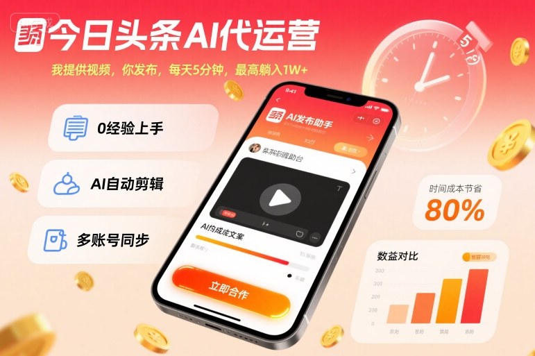 今日头条AI代运营,我提供视频,你发布,每天5分钟,最高躺入1W+【揭秘】-九才资源网