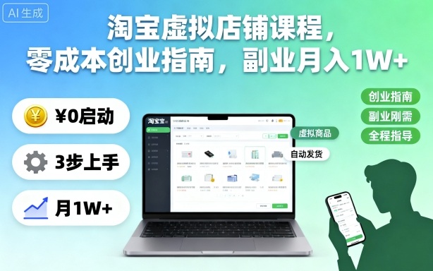 淘宝虚拟店铺课程,零成本创业指南,副业月入1W+-九才资源网