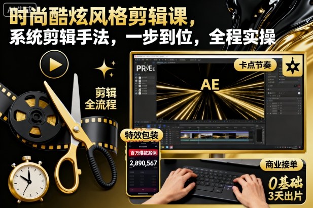 时尚酷炫风格剪辑课,系统剪辑手法,一步到位,全程实操-九才资源网