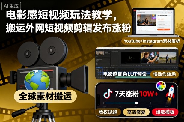 电影感短视频玩法教学,搬运外网短视频剪辑发布涨粉-九才资源网