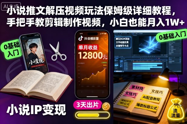 小说推文解压视频玩法保姆级详细教程,手把手教剪辑制作视频,小白也能月入1W+-九才资源网