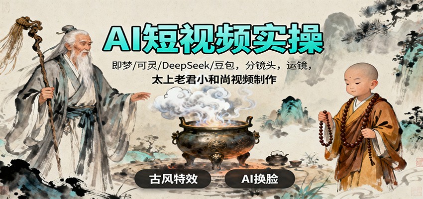AI短视频实操,即梦/可灵/DeepSeek/豆包,分镜头,运镜,太上老君小和尚视频制作-九才资源网