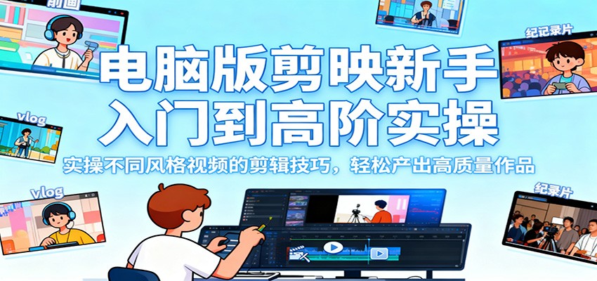 电脑版剪映新手入门到高阶实操,实操不同风格视频的剪辑技巧,轻松产出高质量作品-九才资源网