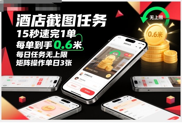 酒店截图任务,15秒速完1单,每单到手0.6米,每日任务无上限,全网首发玩法,矩阵操作单日3张【揭秘】-九才资源网