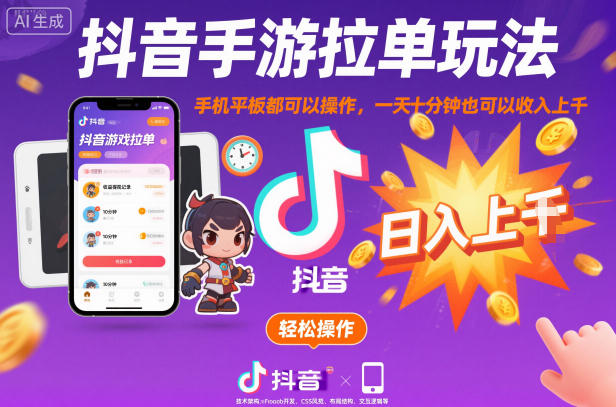 抖音手游拉单玩法,手机平板都可以操作,一天十分钟也可以收入上K【揭秘】-九才资源网