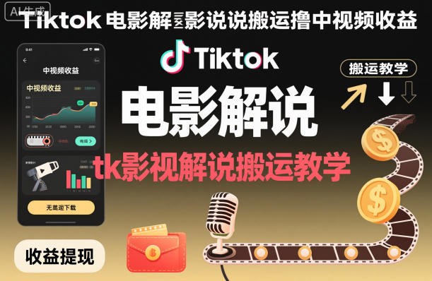 Tiktok电影解说搬运撸中视频收益,tk影视解说搬运教学-九才资源网