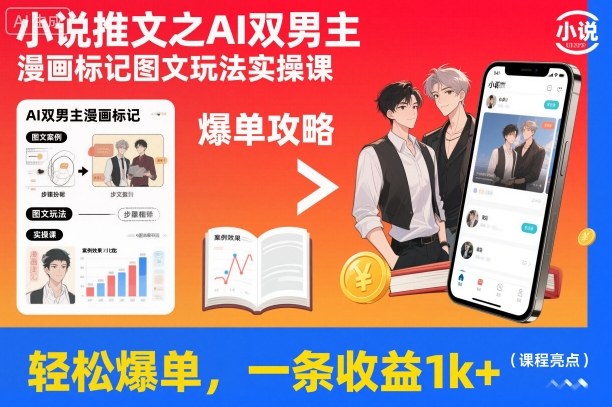 小说推文之AI双男主漫画标记图文玩法实操课,轻松爆单,一条收益1k+-九才资源网