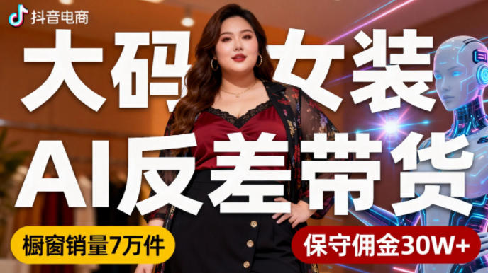 抖音小众赛道,大码女装AI反差带货,不用直播,每天6条作品,橱窗卖7万件,保守佣金30W+-九才资源网