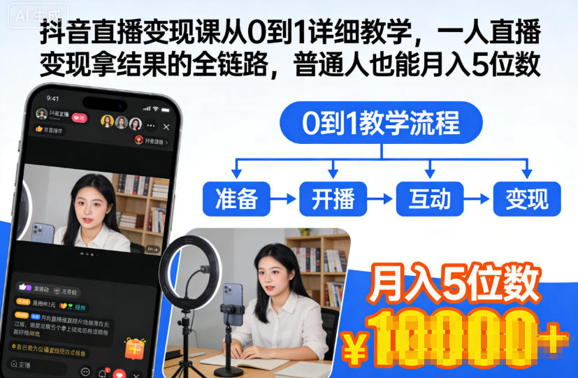 抖音直播变现课从0到1详细教学,一人直播变现拿结果的全链路,普通人也能月入5位数-九才资源网