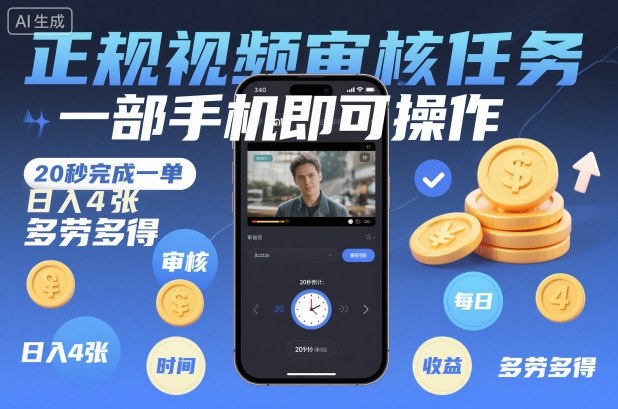 正规视频审核任务,一部手机即可操作,20秒完成一单,日入4张,多劳多得【揭秘】-九才资源网